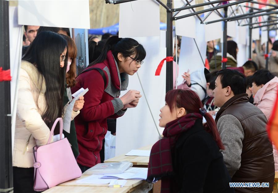 Graduates attend a job fair in Shijiazhuang, capital of north China&apos;s Hebei Province, Feb. 19, 2016. Over 40, 000 jobs were offered during the job fair. [Xinhua/Zhu Xudong]