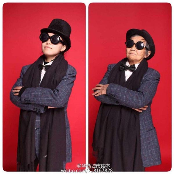 The file photo shows the grandmother and the granddaughter all dressed up in smart men's suits. [Photo: weibo.com] 
