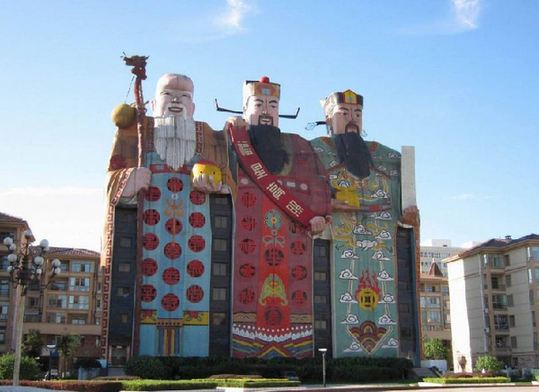 The Tianzi Hotel in the Yanjiao area of northern Hebei province on Dec 15, 2009. The figures of the three immortals that comprise the building represent longevity, happiness, and fortune. 