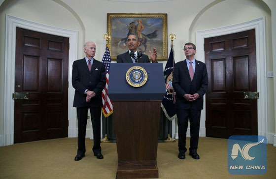 U.S. President Barack Obama (C) discusses administration plans to close the Guantanamo military prison while delivering a statement at the White House in Washington Feb. 23, 2016. [Photo/Xinhua]