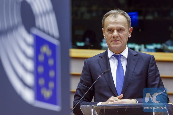 European Council President Donald Tusk testifies before the European Parliament in Brussels February 24, 2016. [Photo/Xinhua]