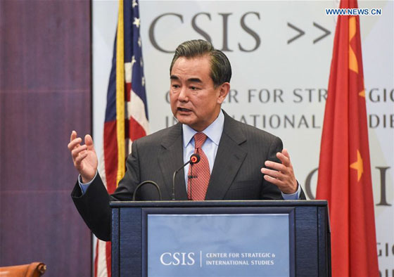 Chinese Foreign Minister Wang Yi speaks during a discussion on Chinese foreign policy and China-U.S. Relations at Center for Strategic and International Studies(CSIS) in Washington D.C., the United States, on Feb. 25, 2016. [Photo/Xinhua]