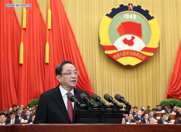 Yu Zhengsheng, chairman of the National Committee of the Chinese People's Political Consultative Conference (CPPCC), delivers a report on the work of the CPPCC National Committee's Standing Committee at the fourth session of the 12th CPPCC National Committee at the Great Hall of the People in Beijing, capital of China, March 3, 2016. [Xinhua]