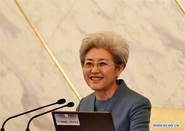  Fu Ying, spokesperson for the fourth session of China's 12th National People's Congress (NPC), answers questions at a press conference on the session at the Great Hall of the People in Beijing, capital of China, March 4, 2016. The fourth session of the 12th NPC is scheduled to open in Beijing on March 5. [Xinhua]