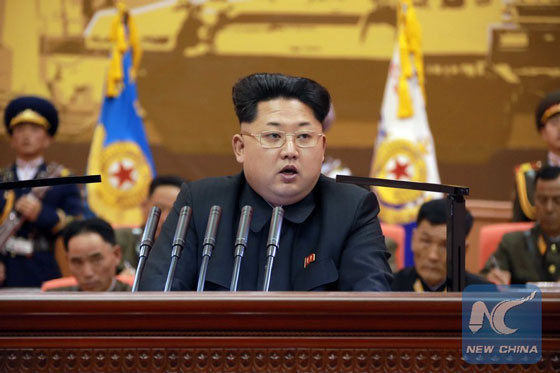 Photo provided by Korean Central News Agency (KCNA) on April 26, 2015 shows top leader of the Democratic People's Republic of Korea (DPRK) Kim Jong Un speaks during the 5th Meeting of Training Officers of the Korean People's Army (KPA) taking place in Pyongyang, DPRK. [Photo/Xinhua]