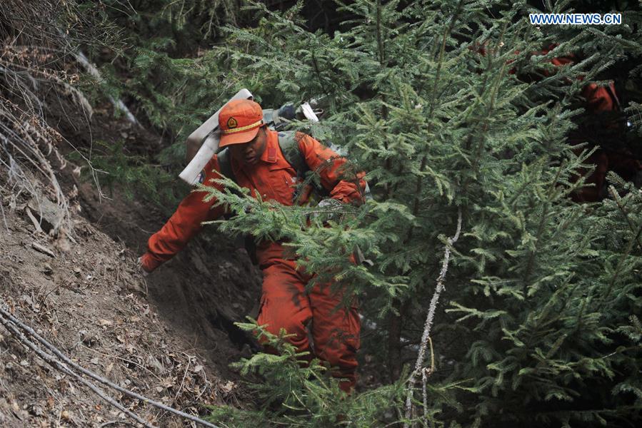 An armed police officer clears up the scene of the fire in the forest zone of Dala in Tebo County, northwest China's Gansu Province, March 9, 2016. The fire, which was spotted on March 2, has been basically extinguished Wednesday. [Photo/Xinhua]