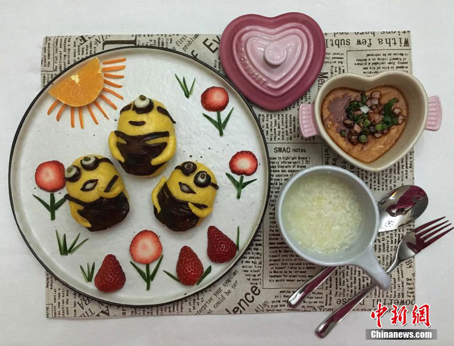 A photo taken on Mar. 10 shows the creative breakfast made by Wang Jing, a housewife from southwest China's Chongqing Municipality. Wang Jing resigned from a foreign company at the beginning of 2015 and started to make creative meals for her daughter. Since then, she has made 232 different types of breakfast dishes. [Photo: Chinanews.com]