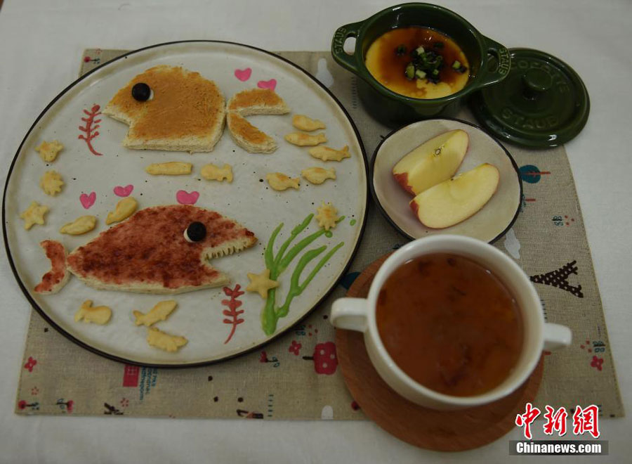 A photo taken on Mar. 10 shows the creative breakfast made by Wang Jing, a housewife from southwest China's Chongqing Municipality.