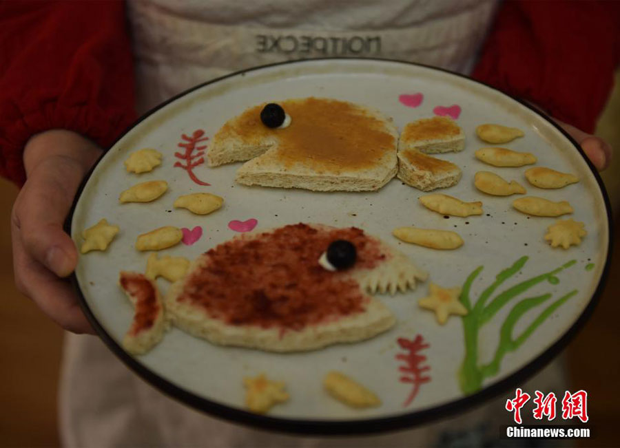 A photo taken on Mar. 10 shows the creative breakfast made by Wang Jing, a housewife from southwest China's Chongqing Municipality.