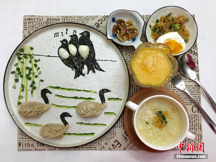 A photo taken on Mar. 10 shows the creative breakfast made by Wang Jing, a housewife from southwest China's Chongqing Municipality.