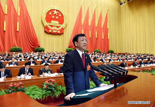 Cao Jianming, procurator-general of the Supreme People's Procuratorate (SPP), delivers a report on the SPP's work during the third plenary meeting of the fourth session of China's 12th National People's Congress at the Great Hall of the People in Beijing, capital of China, March 13, 2016. [Photo/Xinhua]