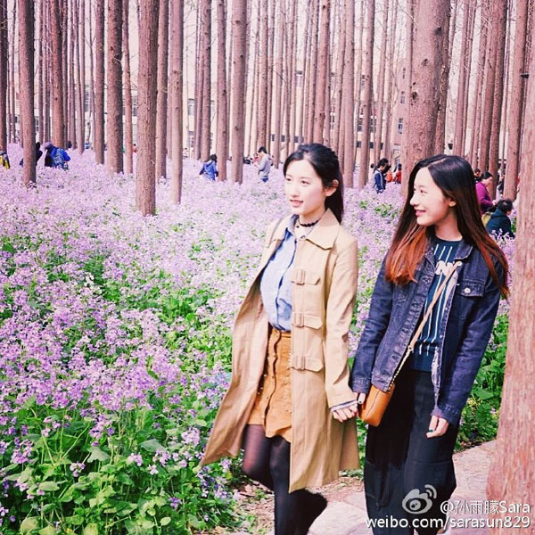 Sun Yumeng puts this photo online on March 21. The photo shows the twin sisters visiting a park during the spring season. They both received admission offers from Harvard University on March 5, 2016. [Photo from Sina Weibo] 