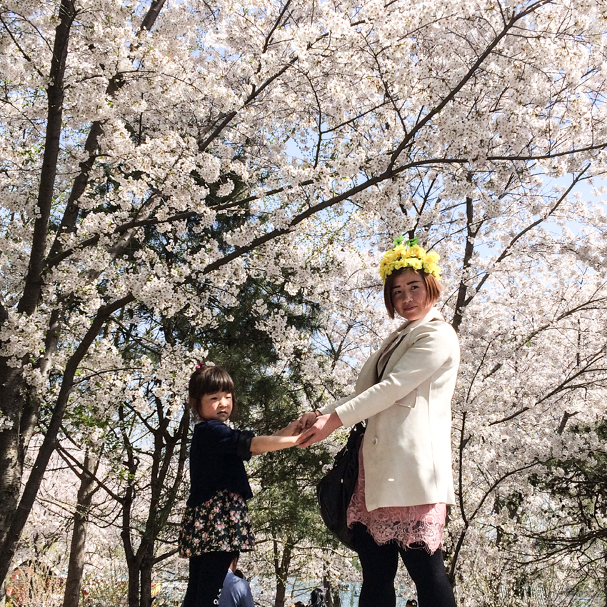 Mother and daughter pose in front of cherry trees at Yuyuantan Park, Beijing. [Photo by Phoebe Wu/China.org.cn]