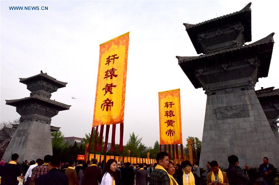 An ancestor worship grand ceremony in honor of Huangdi, the Yellow Emperor, is held at mausoleums in Xinzheng, central China&apos;s Henan Province, Huangdi&apos;s birth place, on April 9, 2016, the third day of the third month on the Chinese lunar calendar, which is considered the birthday of Huangdi.