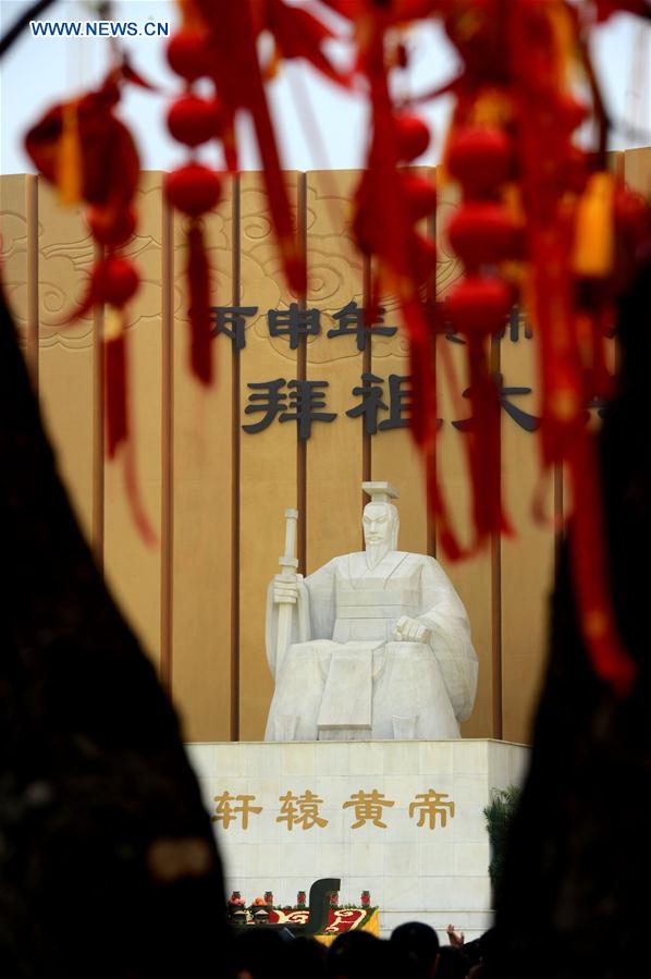 A statue of Huangdi is seen during an ancestor worship grand ceremony in honor of Huangdi, the Yellow Emperor, held at mausoleums in Xinzheng, central China's Henan Province, Huangdi's birth place, on April 9, 2016, the third day of the third month on the Chinese lunar calendar, which is considered the birthday of Huangdi.