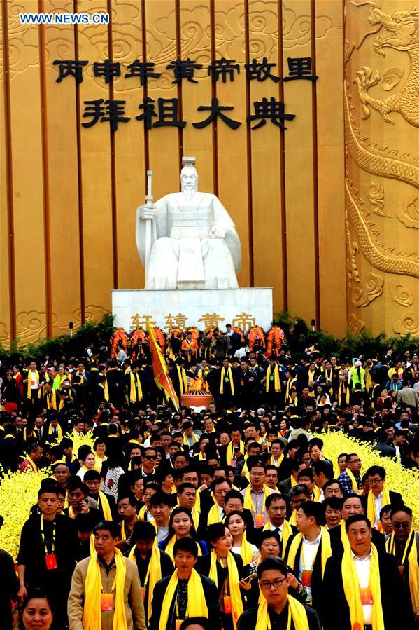 An ancestor worship grand ceremony in honor of Huangdi, the Yellow Emperor, is held at mausoleums in Xinzheng, central China's Henan Province, Huangdi's birth place, on April 9, 2016, the third day of the third month on the Chinese lunar calendar, which is considered the birthday of Huangdi. 