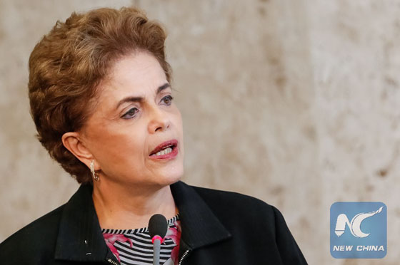 Image provided by Brasil's Presideny shows Brazilian President, Dilma Rousseff, participating during a press conference at Planalto Palace, in Brasilia, Brazil, on March 11, 2016. [Photo/Xinhua]