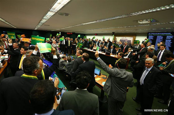Lawmakers vote on the impeachment of the Brazilian President Dilma Rousseff during a session of the parliamentary committee at the Chamber of the Deputies in Brasilia, Brazil, on April 11, 2016. [Photo/Xinhua]