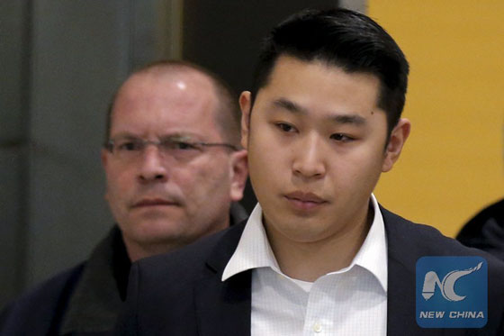 New York City Police officer Peter Liang is led from the court room at the Brooklyn Supreme court in New York Feb. 11, 2016. [Photo/Xinhua]