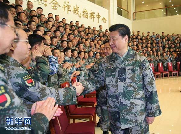 Chinese President Xi Jinping, also chairman of the Central Military Commission, inspects the commission's Joint Command Headquarter in Beijing, on April 20, 2016.[Photo/Xinhua]