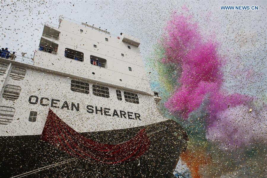 Photo taken on April 27, 2016 shows the livestock carrier Ocean Shearer at its unveiling ceremony in Dalian, northeast China's Liaoning Province. [Xinhua] 