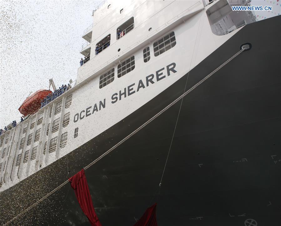 Photo taken on April 27, 2016 shows the livestock carrier Ocean Shearer at its unveiling ceremony in Dalian, northeast China's Liaoning Province. [Xinhua] 