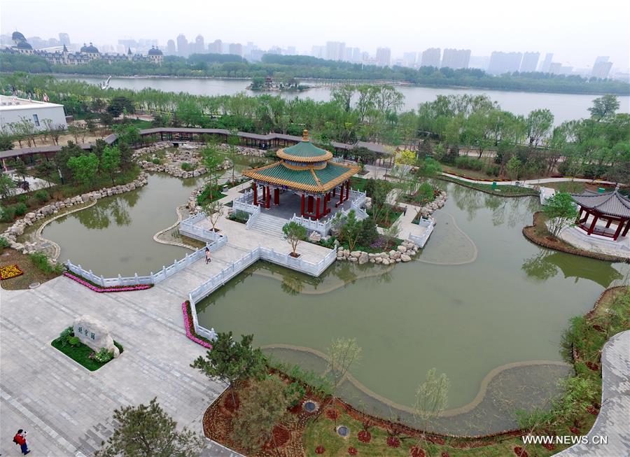 Photo taken on April 27, 2016 shows the Beijing Garden of the Tangshan International Horticultural Exposition 2016 in Tangshan City, north China's Hebei Province. The 171-day expo will kick off here on April 29. The expo venue was originally a century-old mine in China's iron town of Tangshan. [Xinhua]