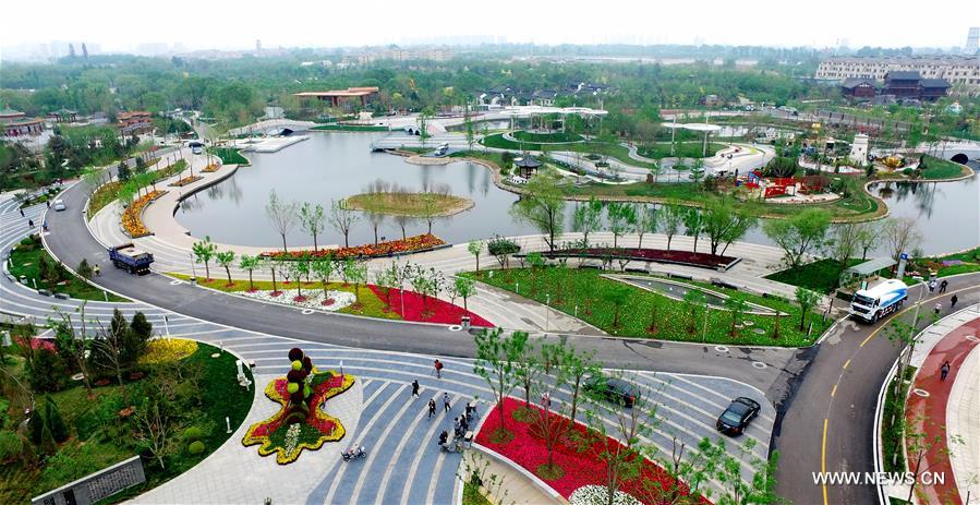 Photo taken on April 27, 2016 shows the China Garden of the Tangshan International Horticultural Exposition 2016 in Tangshan City, north China's Hebei Province. The 171-day expo will kick off here on April 29. The expo venue was originally a century-old mine in China's iron town of Tangshan. [Xinhua]