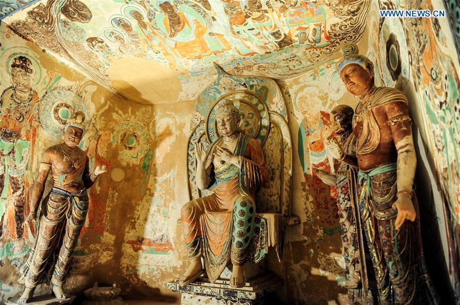 Photo taken on May 6, 2016 shows the 'Cave Temples of Dunhuang: Buddhist Art on China's Silk Road' exhibition at Getty Center in Los Angeles, the United States. The exhibition 'Cave Temples of Dunhuang: Buddhist Art on China's Silk Road' opened to public on Saturday. 