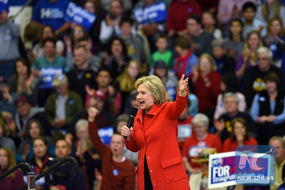 Democratic presidential candidate Hillary Clinton speaks at a rally at Washington High School in Cedar Rapids, Iowa, the United States, Jan. 30, 2016. [Photo/Xinhua]