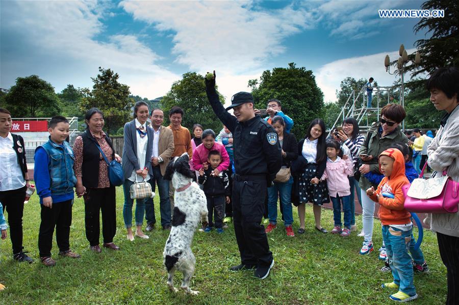 A handler trains a police dog for the public during an open day at a camp of the provincial public security department in Guiyang, capital of southwest China's Guizhou Province, May 15, 2016. The open day activity was held at the camp on Sunday to show the trainings of police dogs. [Photo/Xinhua]