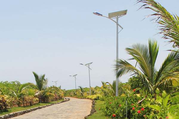 Streetlights powered by solar panels have been installed on Zhaoshu Island in the Xisha Islands. [Photo by Zhang Yunbi/China Daily] 