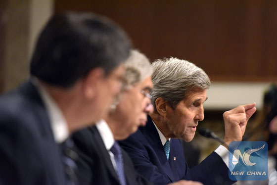 U.S. Secretary of State John Kerry(R), Energy Secretary Ernest Moniz(C) and Treasury Secretary Jack Lew attend a hearing of the Senate Foreign Relations Committee on Capitol Hill in Washington D.C., the United States, July 23, 2015. [Photo/Xinhua]