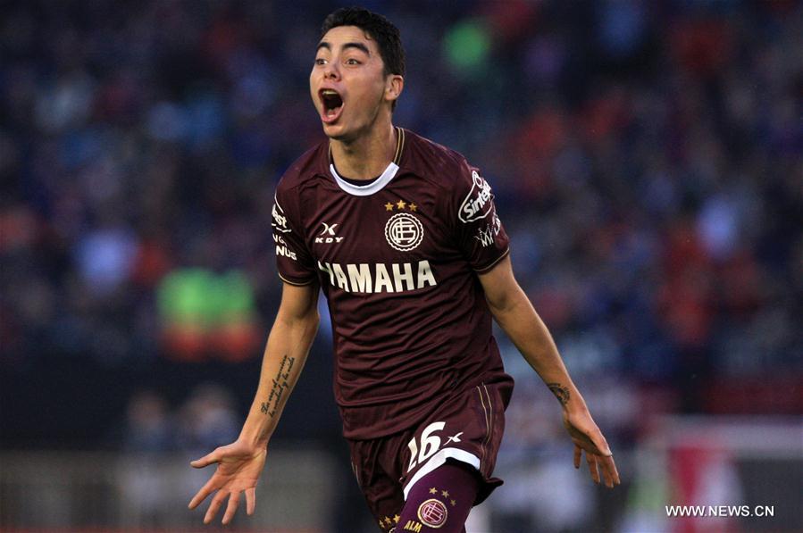 Lanus' Miguel Almiron celebrates during the final match of the First Division Tournament of Argentina, held at the Antonio Vespucio Liberti 'Monumental' Stadium in Buenos Aires, capital of Argentina, on May 29, 2016. Lanus won 4-0. [Photo/Xinhua]