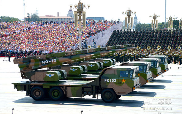 The HQ-12 air-defense missile was paraded in Tian'anmen Square, Beijing, in a Victory Day military parade held on Sept 3, 2016. [Photo/cnr.cn]