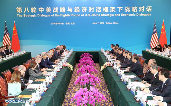 Chinese State Councilor Yang Jiechi (5th R) and U.S. Secretary of State John Kerry (5th L) co-chair the Strategic Dialogue of the eighth round of China-U.S. Strategic and Economic Dialogues in Beijing, capital of China, June 7, 2016. [Photo/Xinhua]