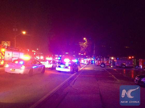 Provided by Orlando Police Department shows police cars and fire trucks gather outside the Pulse nightclub in Orlando, Florida, the United States, June 12, 2016. [Photo/Xinhua]