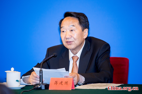 Jiang Jianguo, minister of the State Council Information Office, speaks at the Sum-up meeting on the Assessment of the Implementation of the National Human Rights Action Plan on June 14. [Photo by Zheng Liang / China.org.cn]