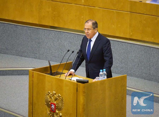 Russian Foreign Minister Sergei Lavrov addresses the State Duma in Moscow, Russia, on June 15, 2016. [Photo/Xinhua]