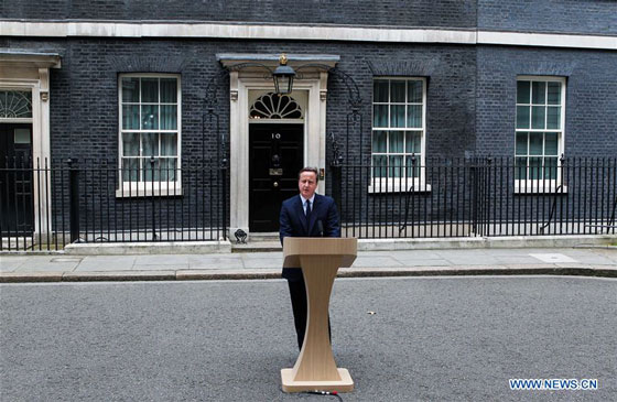 Britain's Prime Minister David Cameron delivers a speech on upcoming referendum on Britain's EU membership at 10 Downing Street in London, Britain on June 21, 2016. [Photo/Xinhua]
