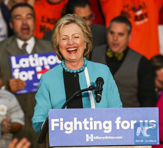 Democratic presidential candidate Hillary Clinton smiles as she campaigns at East Los Angeles College in Los Angeles, the United States, May 5, 2016. [Photo/Xinhua] 