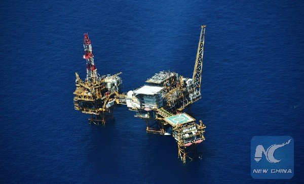 An aerial photo taken on Sept. 25, 2015 from a seaplane of Hainan Maritime Safety Administration shows the Yacheng 13-1 drilling rig during a patrol in South China Sea. (Xinhua/Zhao Yingquan)