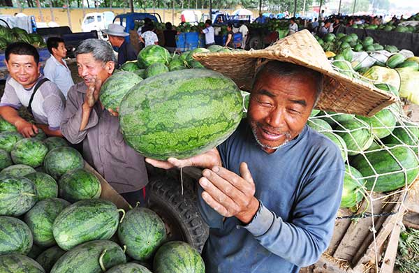 Farmers choose watermelons for their customers by tapping the produce at a wholesale market in Zouping county, Shandong province.[Dong Naide/For Chian Daily]