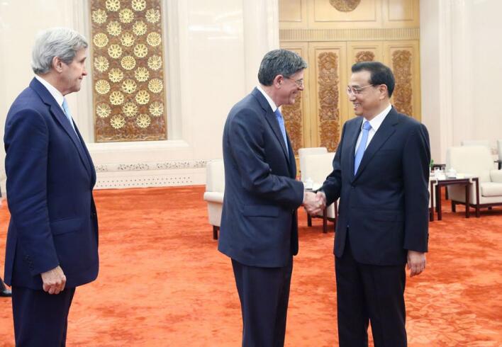Chinese Premier Li Keqiang (R) meets with U.S. Secretary of State John Kerry (L) and Treasury Secretary Jacob Lew, who are in Beijing to attend the eighth round of China-U.S. Strategic and Economic Dialogues and the seventh round of China-U.S. High-Level Consultation on People-to-People Exchange, June 7.