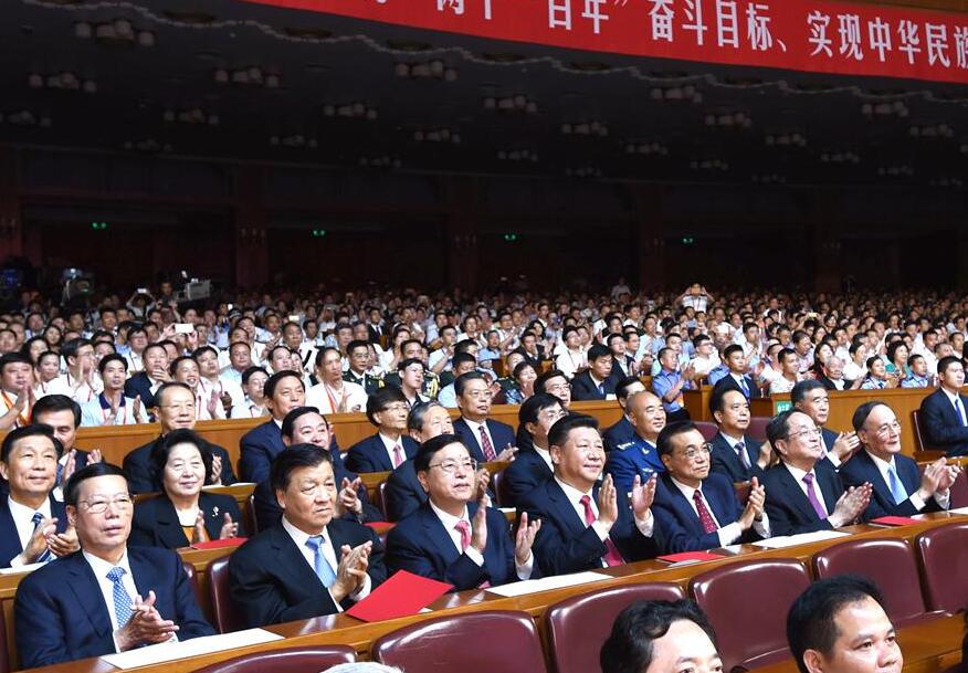 Chinese President Xi Jinping and other senior leaders Li Keqiang, Zhang Dejiang, Yu Zhengsheng, Liu Yunshan, Wang Qishan and Zhang Gaoli join an audience of more than 3,000 at the concert 'Eternal Faith' marking the 95th anniversary of the founding of the Communist Party of China at the Great Hall of the People in Beijing, capital of China, June 29, 2016. (Xinhua/Rao Aimin) 