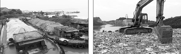 Left: Vessels from Shanghai that tried to dump garbage on the banks of Taihu Lake were detained by police. Right: More than 20,000 metric tons of garbage had been scattered along the lakeshore as of Monday. Photos By Zhou Ti / For China Daily