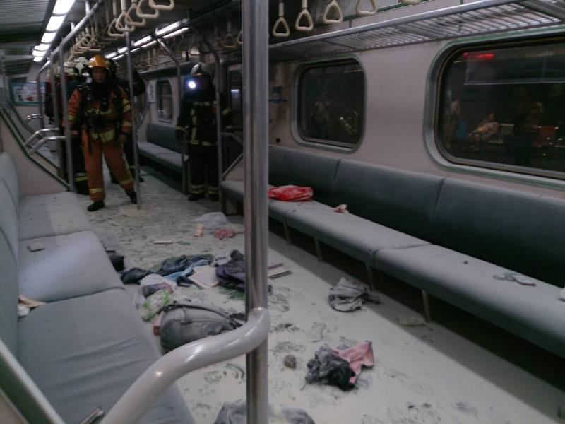 A section of a commuter train moving nearby Songshan Railway Station exploded on the night of July 7, 2016 in Taipei city, Taiwan. About 20 people were injured in the incident. [Photo: CNA] 