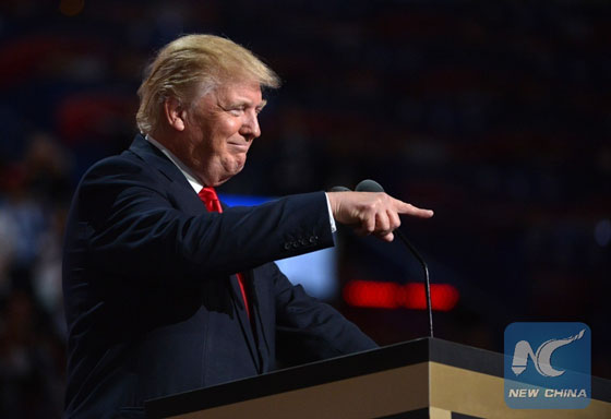 Donald Trump takes the stage on the last day of the Republican National Convention in Cleveland, Ohio, the United States, July 21, 2016. [Photo/Xinhua]