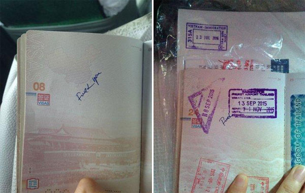 Offensive language is written on a Chinese tourist's passport on page 8 and 24 after the tourist handed over her passport to Vietnamese border staff at passport control at Tan Son Nhat International Airport. [Photo/People's Daily Online]