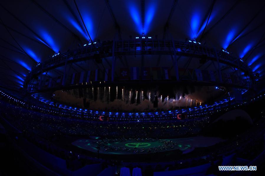 Photo taken on Aug. 5, 2016 shows the opening ceremony of the 2016 Rio Olympic Games at the Maracana Stadium in Rio de Janeiro, Brazil. (Xinhua/Li Ga)(dh) 